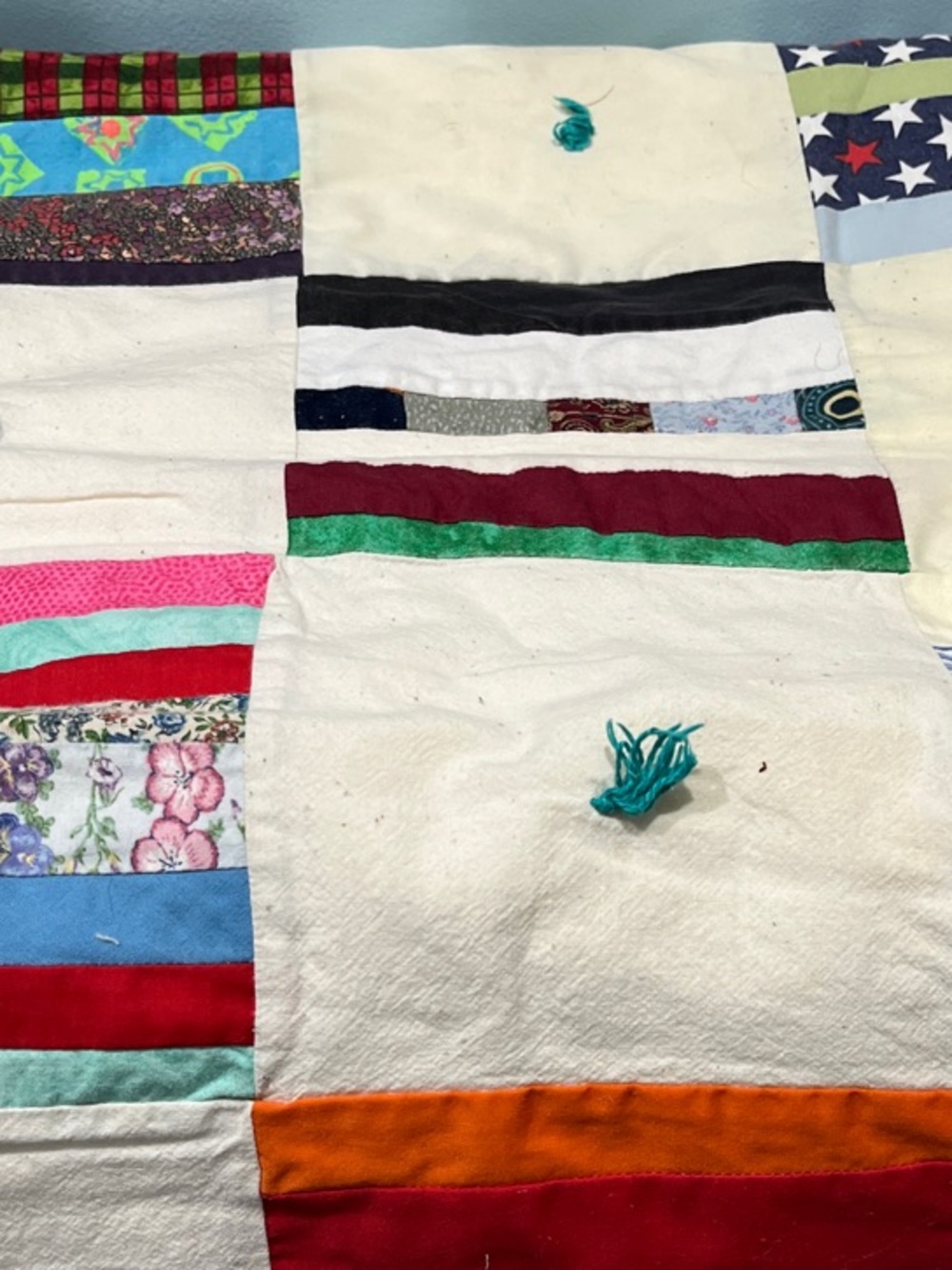 Vintage Patchwork Quilt with White, Red, Green, Orange, Blue Accents